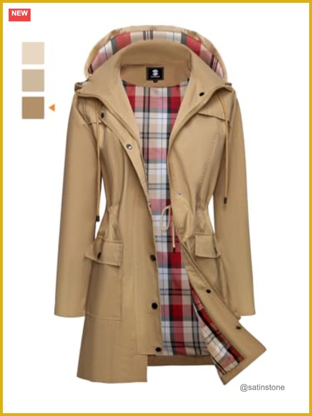 Waterproof Rain Jacket Long Hooded Windbreaker Trench Coat with Adjustable Waist - Picture 3 of 6